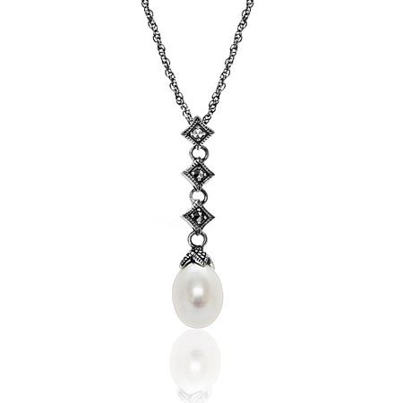 Freshwater Pearl Drop Pendant with Marcasite - Click Image to Close